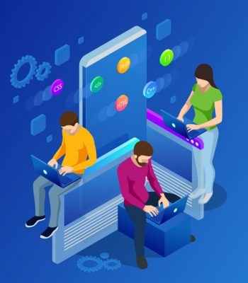 Isometric Mobile Applications concept. Developing programming and coding technologies concept. UX UI User Interface and User eXperience Process Isometric Mobile Applications concept. Developing programming and coding technologies concept. UX UI User Interface and User eXperience Process.